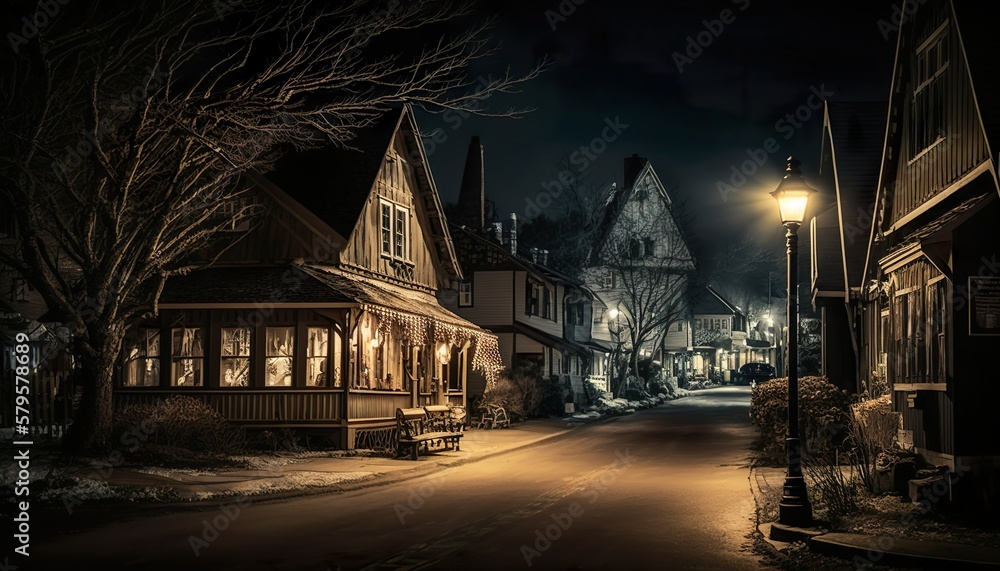 Naklejka premium A cozy village at night lit up by warm streetlights captured with a Fujifilm X Generative AI
