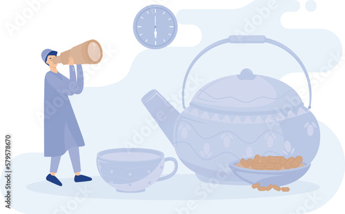 Muslim men are waiting for the time to iftar of Ramadan, ramadan kareem, flat vector modern illustration