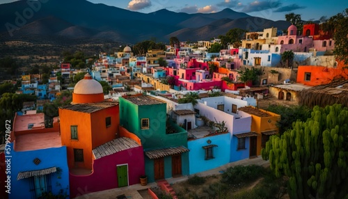 A colorful village in the hills of Oaxaca Mexico photographed with a Sony A6600 16mm lens f/5.6 vibrant  Generative AI © Naveena