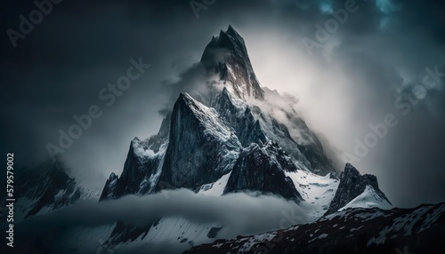A breathtaking view of a majestic mountain peak shrouded in clouds captured with a high Generative AI