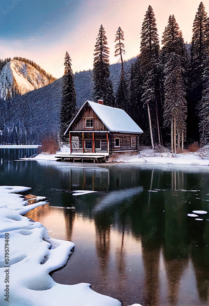 Fototapeta premium Wooden cabin by the lake in the forest - idyllic setting during the afternoon bathing in the sun's daylight. Nature without people by generative AI
