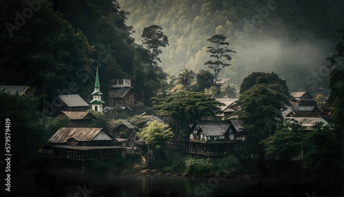 A serene village nestled in the forest captured with a Pentax K Generative AI