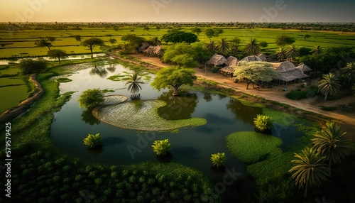 A stunning view of the village pond and surrounding farmlands in Andhra Pradesh captured using a Sony A7R IV camera with a 16 Generative AI