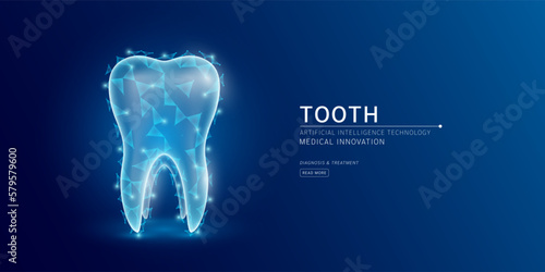 Website template. Human tooth anatomy translucent low poly triangles. Futuristic glowing organ hologram on dark blue background. Medical innovation diagnosis treatment concept. Banner vector.