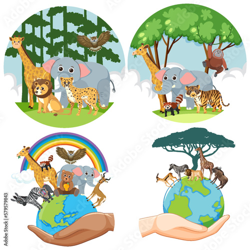 Set of circle temple to save the earth animal and forest