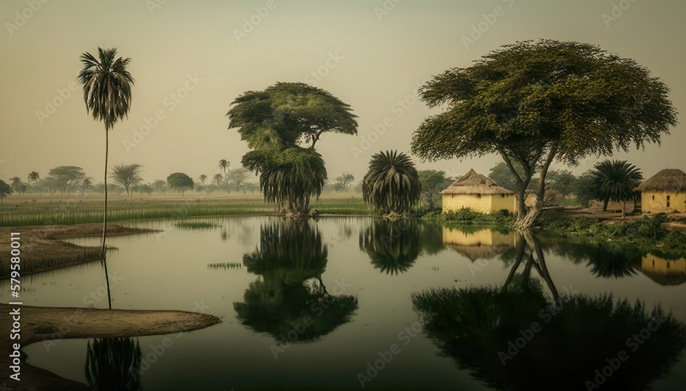 A serene view of a tranquil Andhra Pradesh village pond taken with a Leica Q2 full  Generative AI