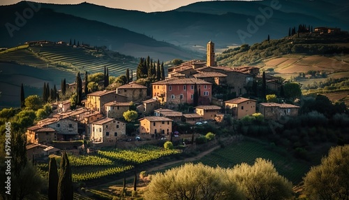 A charming village set against the backdrop of the rolling hills of Tuscany captured with a Nikon D850 35mm lens f/11 rustic Generative AI