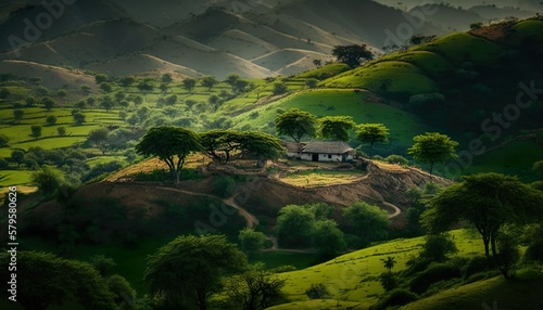 An enchanting view of the hilly terrain surrounding an Andhra Pradesh village captured using a Canon EOS 5D Mark IV camera with a 70 Generative AI