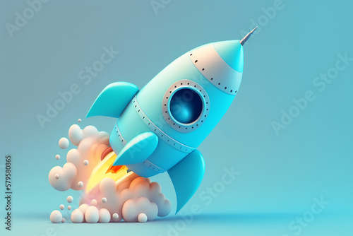 Cartoon style rocket launching on light blue background. Concept of startup business taking off. Generative AI