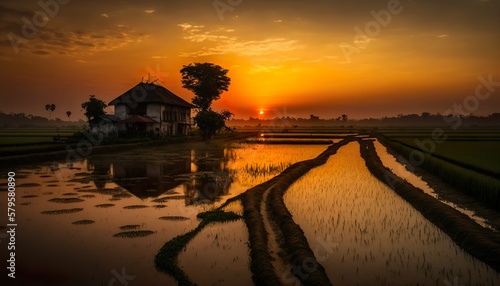 A beautiful sunset over the paddy fields in a rural Andhra Pradesh village captured using a Nikon D850 camera with a 50mm lens and f/11 aperture  Generative AI
