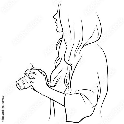 Woman Holding Camera Line Drawing.