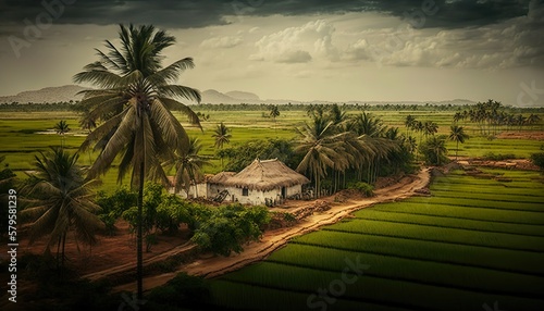 A charming rural landscape of Andhra Pradesh with fields of crops and coconut trees shot with a Panasonic Lumix GH5S mirrorless camera 12  Generative AI photo