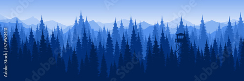 morning silhouette of pine tree landscape with sunset view flat design vector illustration good for wallpaper design, design template, background template, and tourism design template