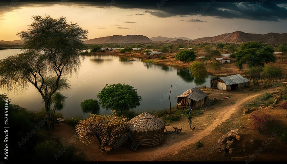 Fototapeta premium An inviting view of a serene Andhra Pradesh village with a beautiful lake in the foreground captured with a high Generative AI
