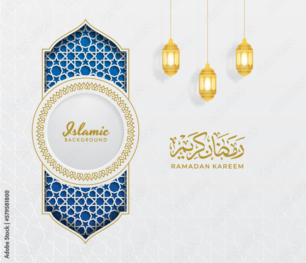 Fototapeta premium White and Blue Luxury Islamic Arch Background with Decorative Ornament Pattern And lamp, Ramadan Kareem calligraphy