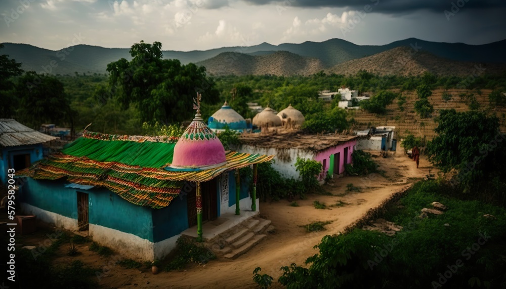 A stunning view of a vibrant Andhra Pradesh village with a temple in the foreground shot with a Fujifilm X  Generative AI