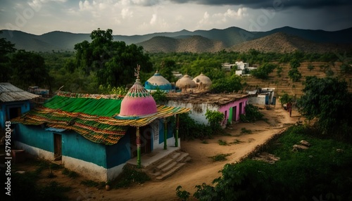 A stunning view of a vibrant Andhra Pradesh village with a temple in the foreground shot with a Fujifilm X Generative AI
