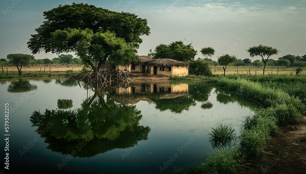 Fototapeta premium A serene view of a tranquil Andhra Pradesh village pond taken with a Leica Q2 full Generative AI