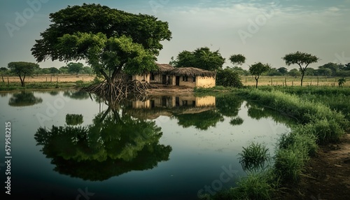A serene view of a tranquil Andhra Pradesh village pond taken with a Leica Q2 full Generative AI