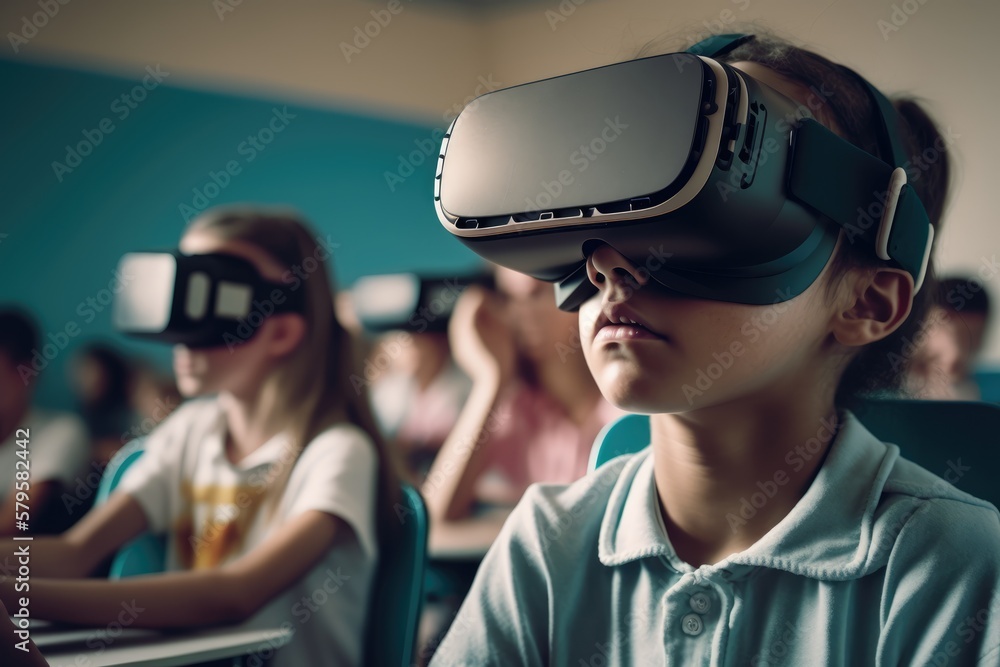 multicultural, multiracial schoolchildren using virtual reality headsets. Generative AI multicultural, multiracial schoolchildren using virtual reality headsets. Generative AI
