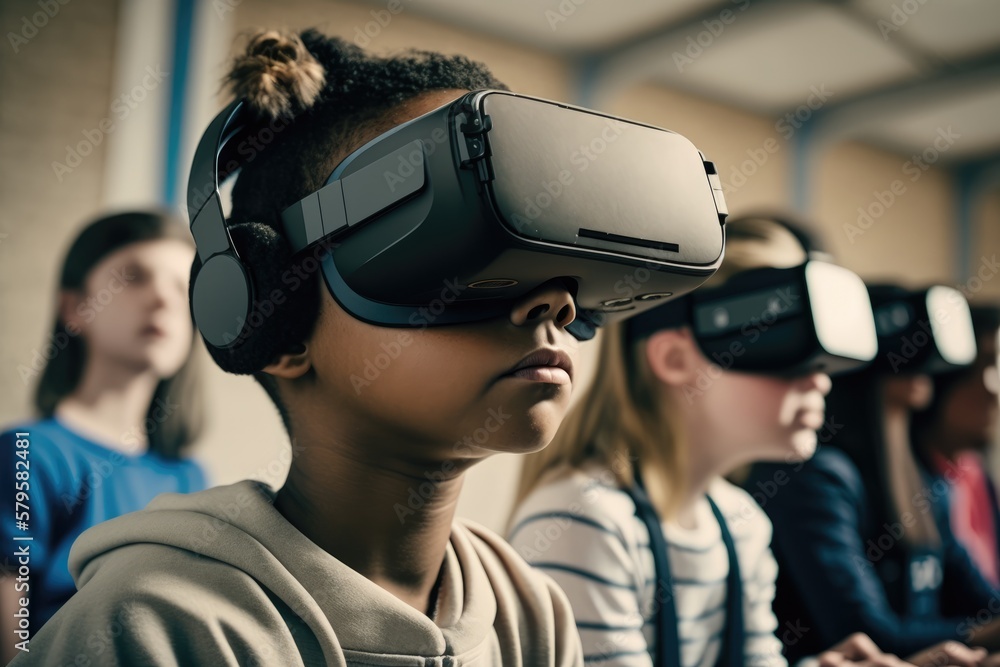 multicultural, multiracial schoolchildren using virtual reality headsets. Generative AI multicultural, multiracial schoolchildren using virtual reality headsets. Generative AI