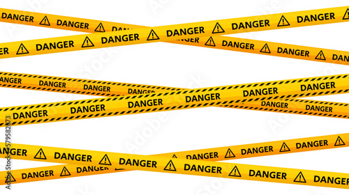 Crossed caution tapes. Yellow and black danger warning stripes. Repeating construction, hazard, danger sellotapes. Restriction and prohibition zones adhesive tapes. Vector