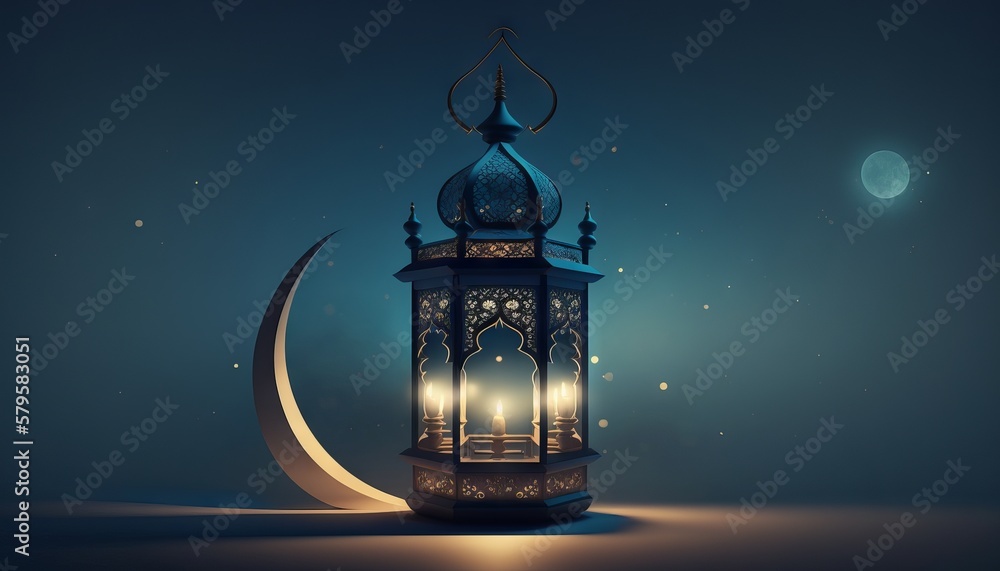 Ramadan Kareem greeting card with lantern and crescent moon. Generative AI