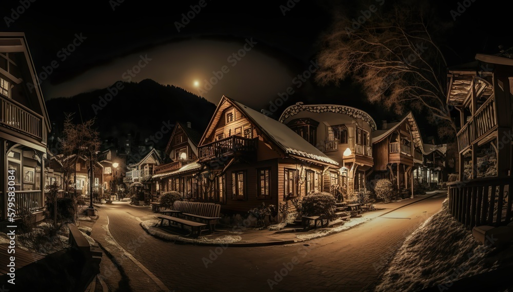 A cozy village at night lit up by warm streetlights captured with a Fujifilm X  Generative AI