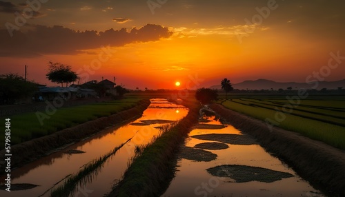 A beautiful sunset over the paddy fields in a rural Andhra Pradesh village captured using a Nikon D850 camera with a 50mm lens and f/11 aperture Generative AI