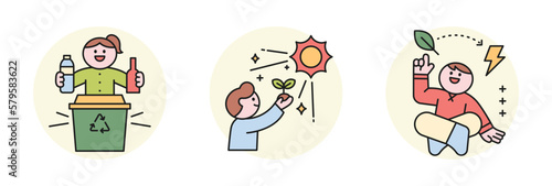 Activities for environmental protection. People sorting recyclable waste and protecting plants and nature.