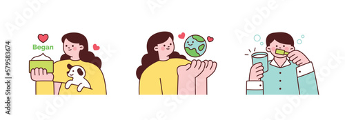 Activities for environmental protection. People protecting the planet by using vegan products and conserving water.