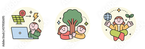 Activities for environmental protection. People who create solar energy, protect trees and protect the planet.