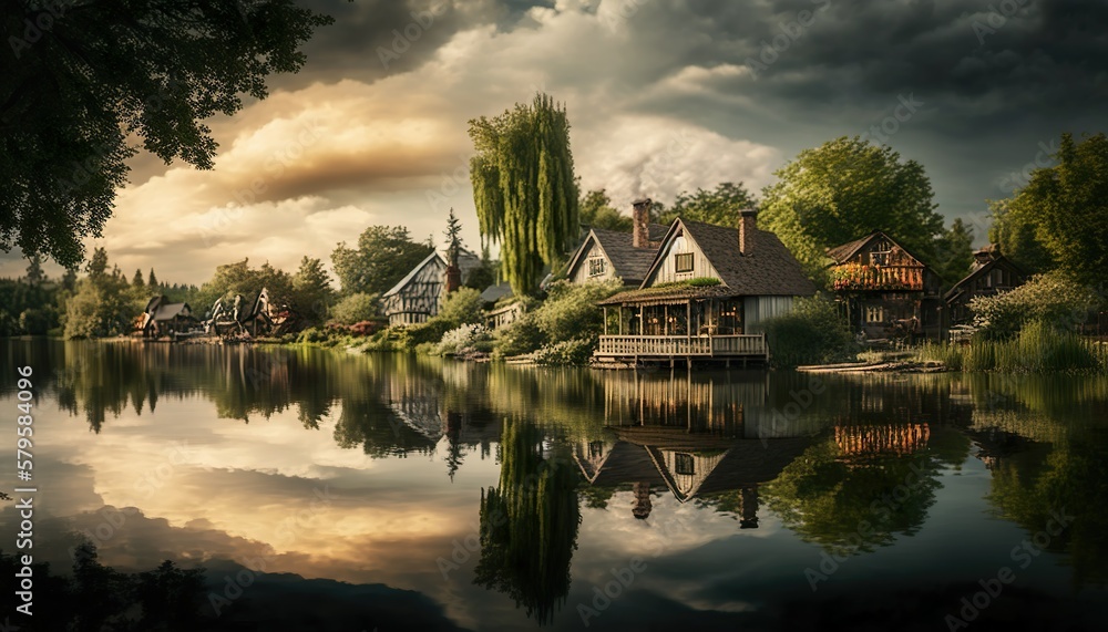 A peaceful village by the lake captured with a Sony a9 II 24mm lens f/4 tranquil wide  Generative AI