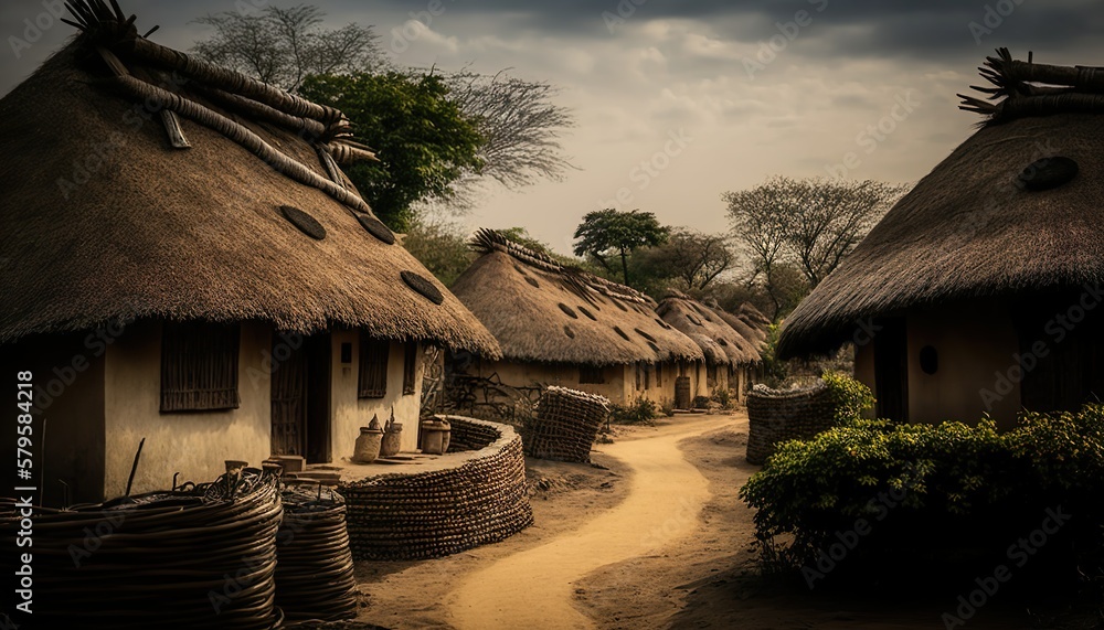 An idyllic village scene of Andhra Pradesh with traditional thatched roof huts taken with a Sony A7R III mirrorless camera 16 Generative AI An idyllic village scene of Andhra Pradesh with traditional thatched roof huts taken with a Sony A7R III mirrorless camera 16 Generative AI