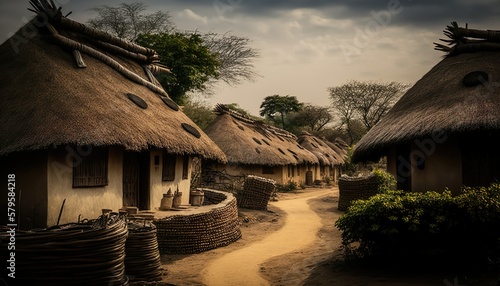 An idyllic village scene of Andhra Pradesh with traditional thatched roof huts taken with a Sony A7R III mirrorless camera 16 Generative AI