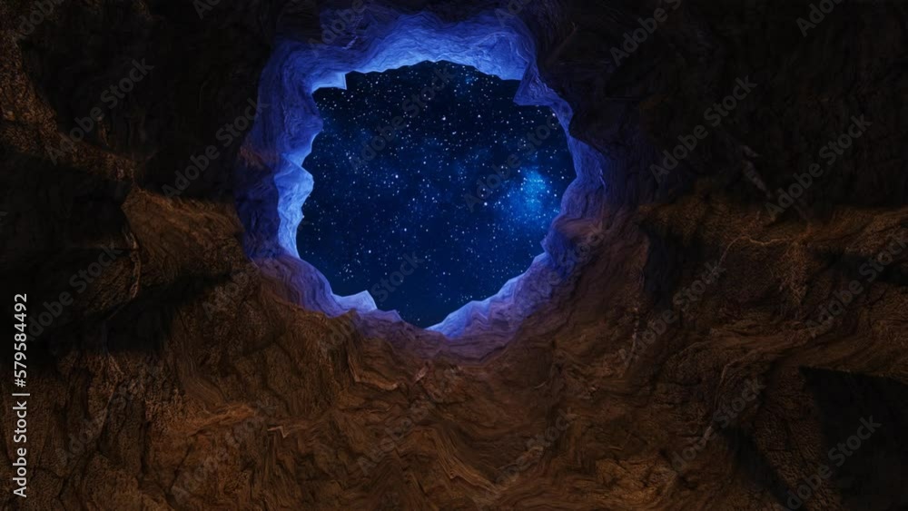 Starry sky as seen through a hole in a cave ceiling during the night ...