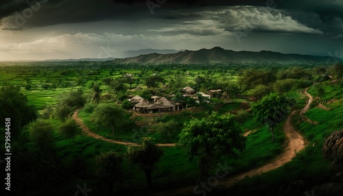 A stunning panoramic view of a lush green Andhra Pradesh village shot with a Canon EOS R5 mirrorless camera 70  Generative AI