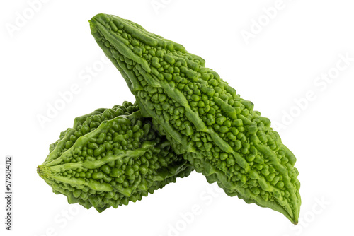 Fresh bitter gourd Bitter cucumber or bitter melon with cut slice isolated on a transparent background.