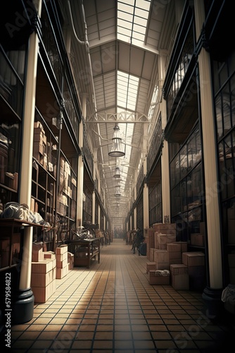 Charming retro warehouse with industrial glass ceiling, generative ai