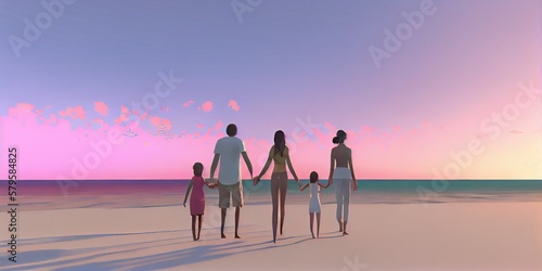 Illustration of a happy family waling on the beach, generative ai