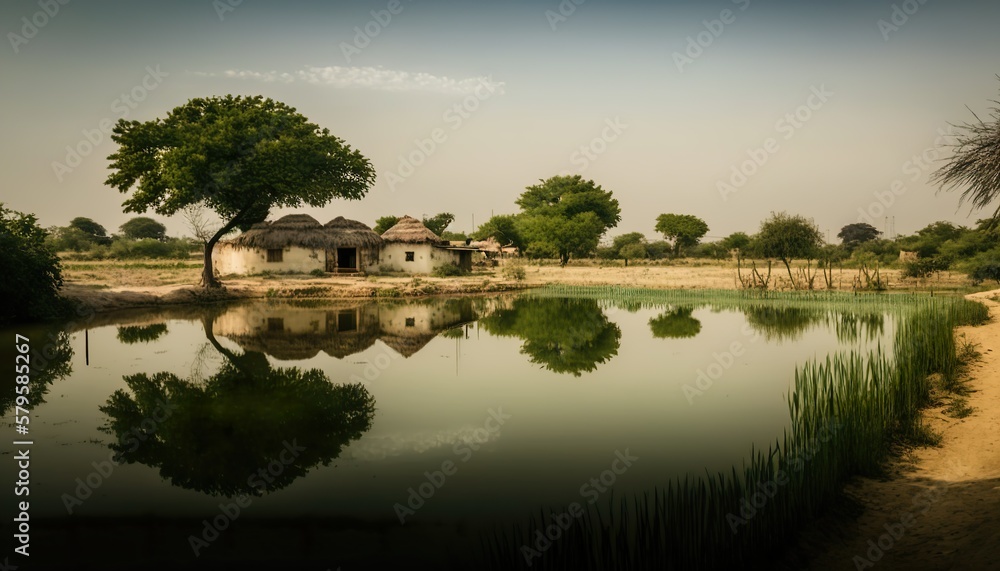 A serene view of a tranquil Andhra Pradesh village pond taken with a Leica Q2 full  Generative AI