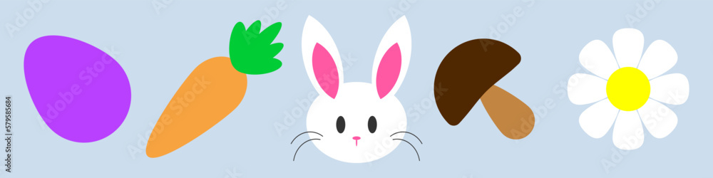 Easter icon set. Easter elements for design. Chamomile, carrot, mushroom, egg and bunny silhouette vector illustration. Easter icon set. Easter elements for design. Chamomile, carrot, mushroom, egg and bunny silhouette vector illustration.
