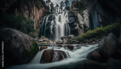 A stunning view of a majestic waterfall surrounded by rocks and greenery captured with a high Generative AI