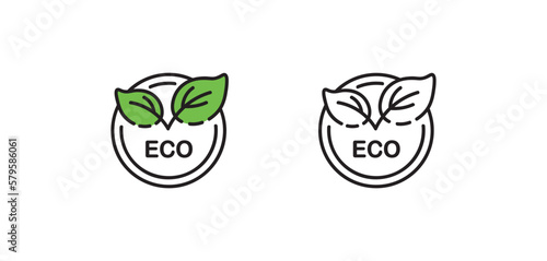 Eco organic label. Vector isolated icons. Black and color vector ecology certificate sticker with leaves sign icon isolated outline symbol with editable stroke.