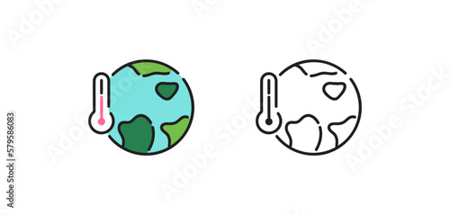Global climate change. Vector isolated icons. Black and color vector planet Earth with thermometer sign icon isolated outline symbol with editable stroke.