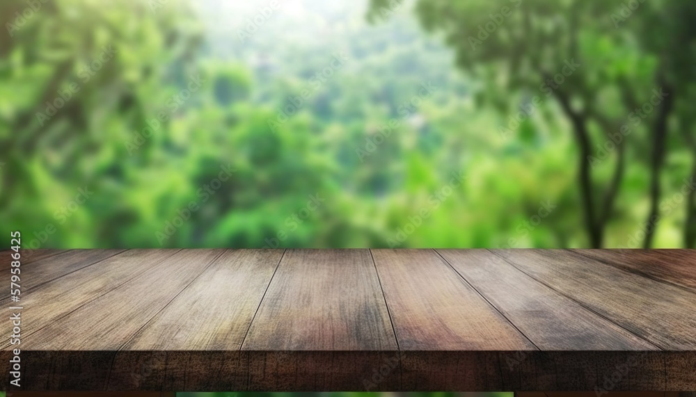 Empty Wooden table focus to the table top, Blurred Nature Forest Bokeh Background, Empty Wood Table Top Created with Generative AI technology