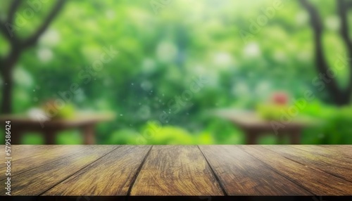 Empty Wooden table focus to the table top, Blurred Nature Forest Bokeh Background, Empty Old Vintage Wooden Table in front of Blurred Nature Background Created with Generative AI technology