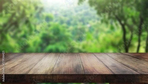 Empty Wooden table focus to the table top, Blurred Nature Forest Bokeh Background, Empty Wood Table Top Created with Generative AI technology
