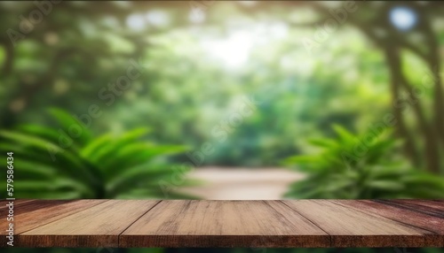 Empty Wooden table focus to the table top  Blurred Nature Forest Bokeh Background  Empty Wood Table Top Created with Generative AI technology