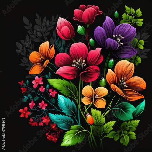 Colorful Flower Illustration Isolated on Black Background. Generative ai.